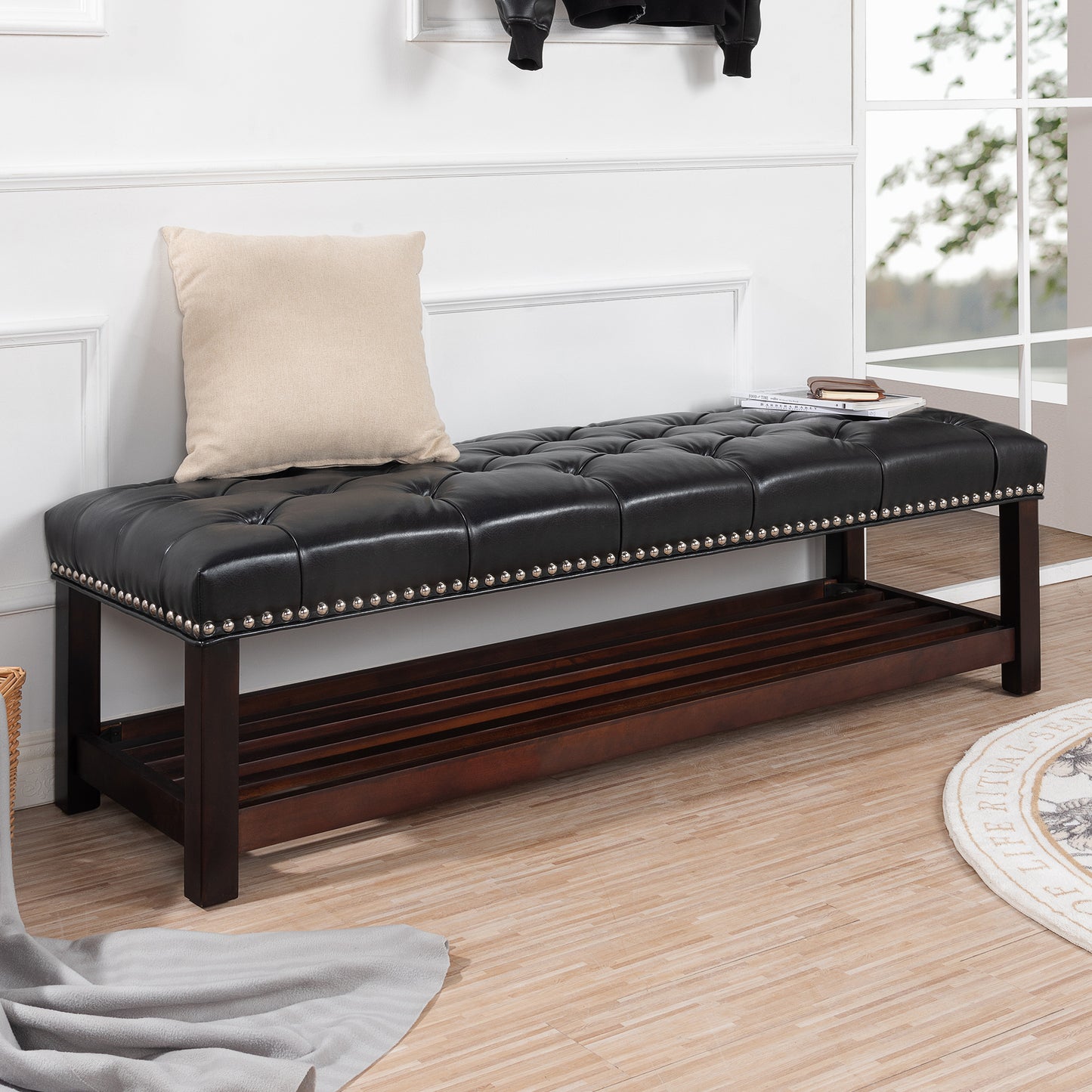 Wooden Base Upholstered Bench for Bedroom for Entryway