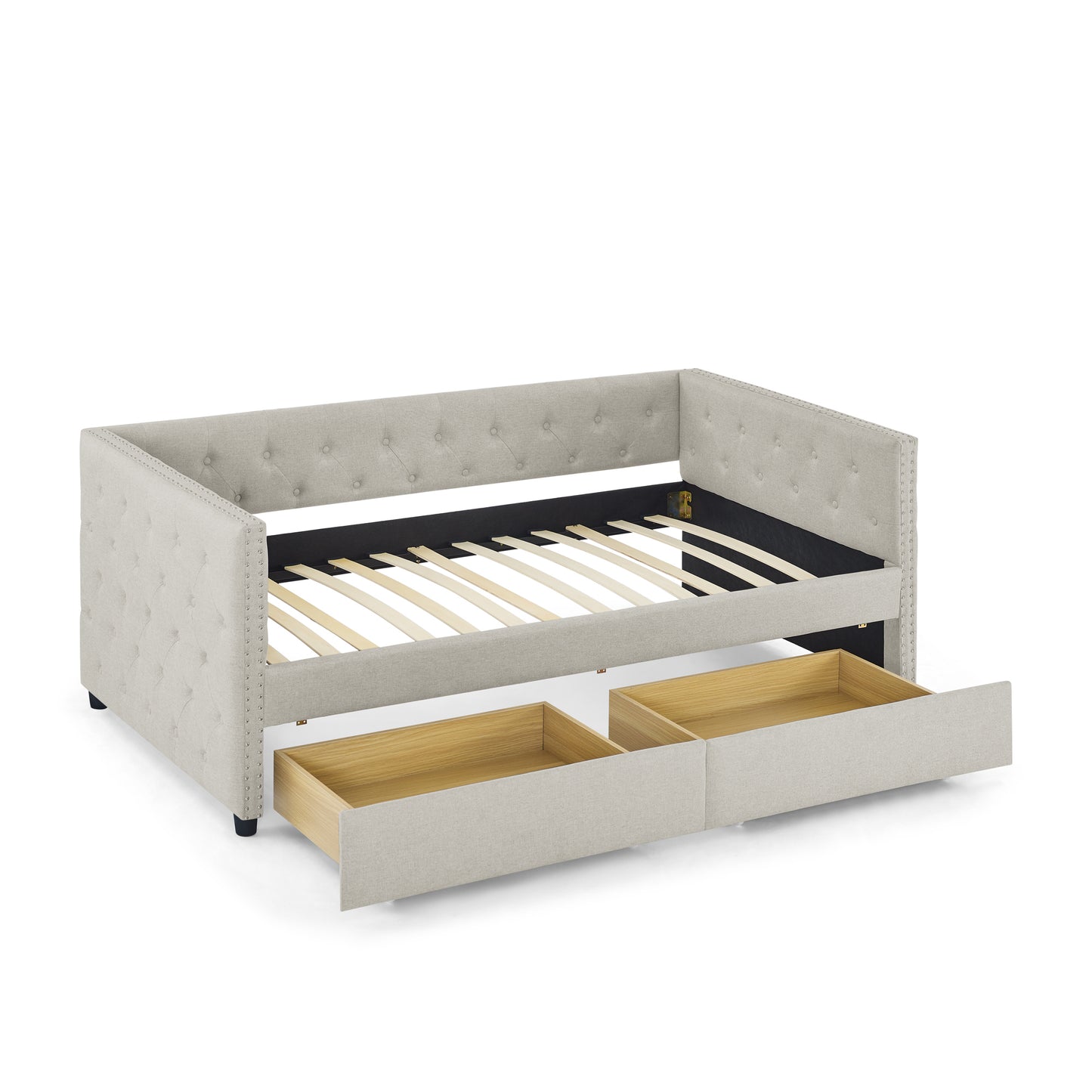 Upholstered Twin Size Daybed with Two Drawers, with Button and Copper Nail on Square Arms, Beige (82.75''x43''x30.75'')