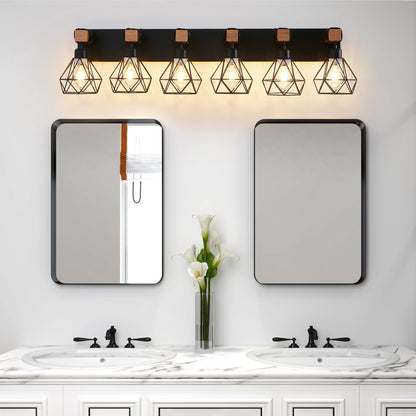 38' Modern Geometric 6-Light Vanity Light Fixture with Black Metal, Wooden Accents and Cage Lampshade for Bathroom, Bedroom, or Living Room (Bulb Not Included)