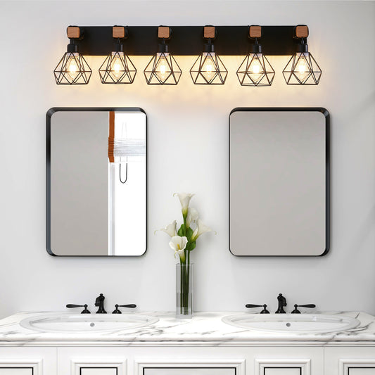 38' Modern Geometric 6-Light Vanity Light Fixture with Black Metal, Wooden Accents and Cage Lampshade for Bathroom, Bedroom, or Living Room (Bulb Not Included)