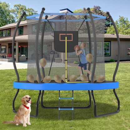 8FT Trampoline with Basketball Hoop, Enclosure net and Ladder, Outdoor Trampoline for Kids, Recreational Backyard Trampoline