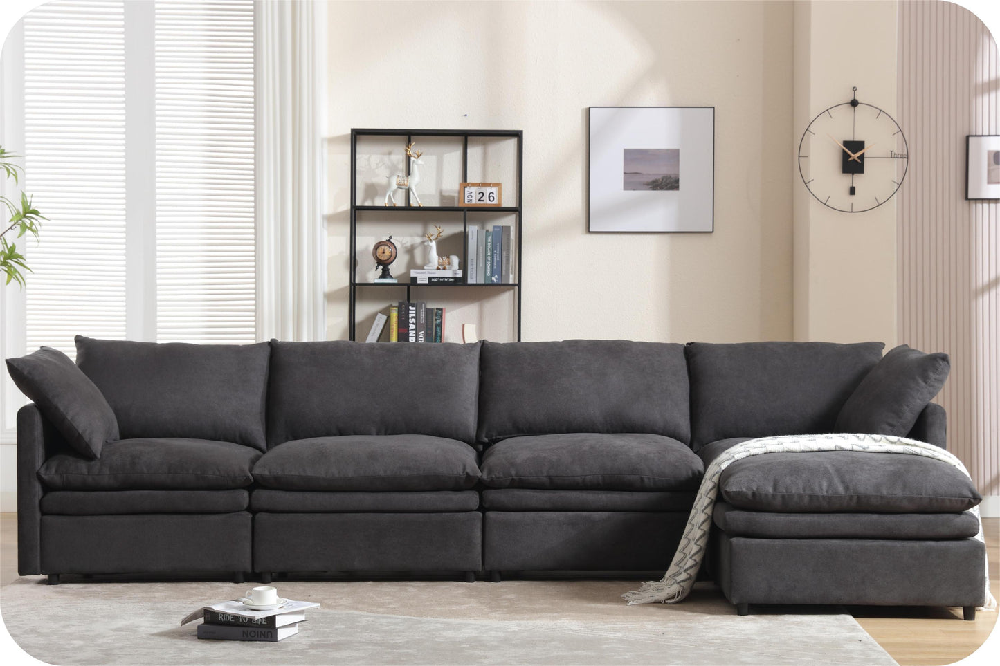 [VIDEO PROVIDED] Modern U-shaped Sectional Sofa ,5-seat Upholstered  Sofa Furniture,Sleeper Sofa Couch with Chaise Lounge for Living Room,Apartment,Dark Gray,Polyester