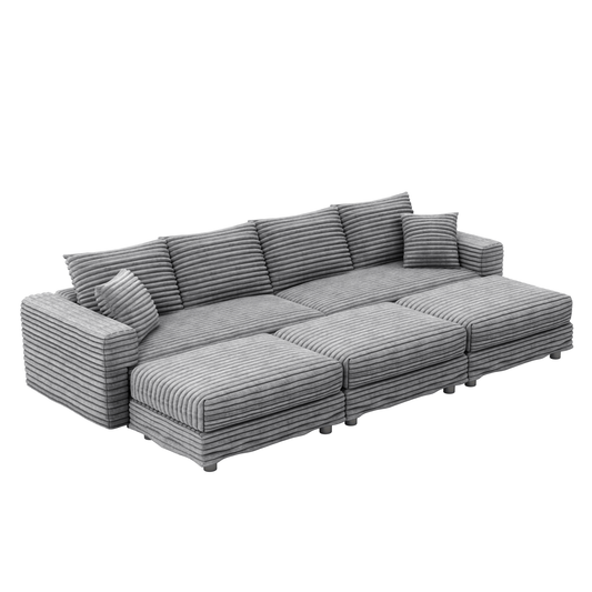 104.3 ' Plush Corduroy 4-Seat Sofa, Modern Comfy Upholstered Sofa Cloud Couch, Deep Seat Couches with Soft Pillows and 3 Ottomans, Convertible Sofa Lounge Chair, for Living Room,Apartment,Office,Grey