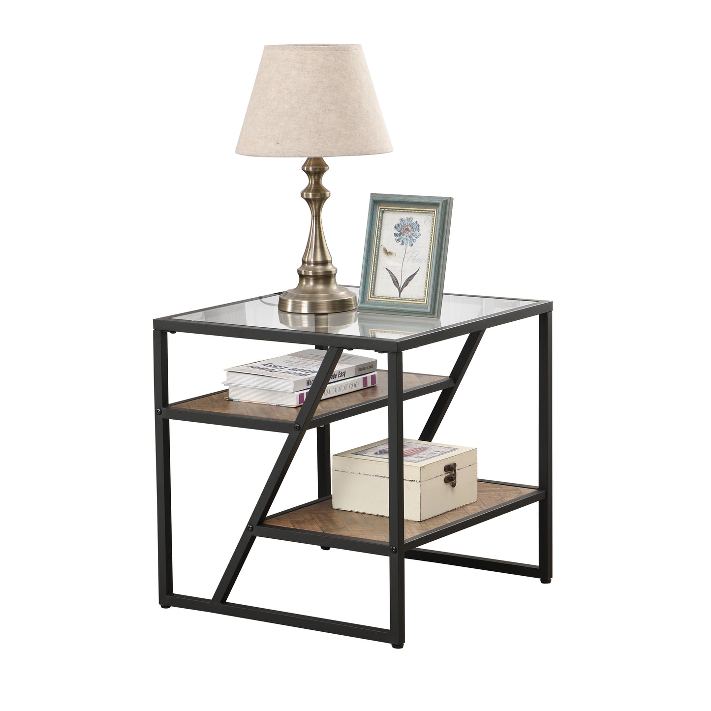 W82151004 Black Side Table, End Table with Storage Shelf, Tempered Glass Coffee Table with Metal Frame for Living Room&Bed Room