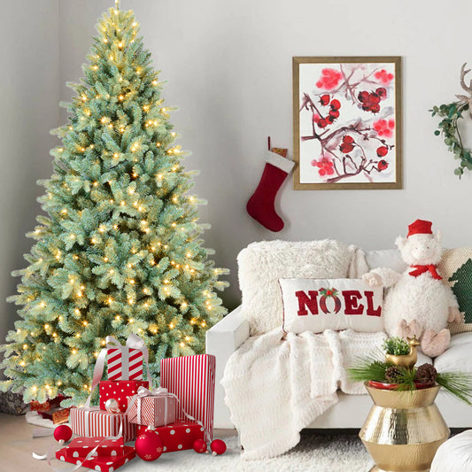 4FT Blue-Green Tint PE/PVC Christmas Tree with 150 Warm White LED Lights – 475 Tips, Hinged Branch Design, Full Natural Look, Metal Stand, Easy Assembly Holiday Decoration