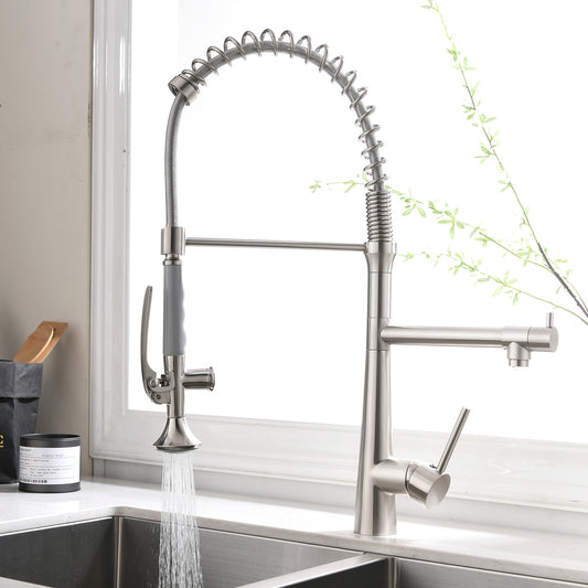 Heavy Duty Commercial Style Kitchen Sink Faucet, Single Handle Pre-Rinse Spring Sprayer Kitchen Faucets, High Arc Pull Down Brushed Nickel Kitchen Faucet