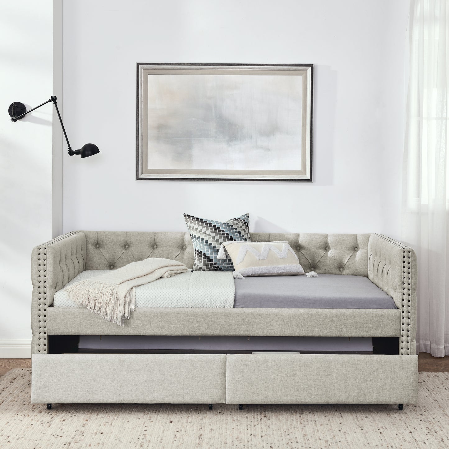 Sofá cama doble tapizado con dos cajones, con botón y clavo de cobre en brazos cuadrados, beige (82.75''x43''x30.75'')