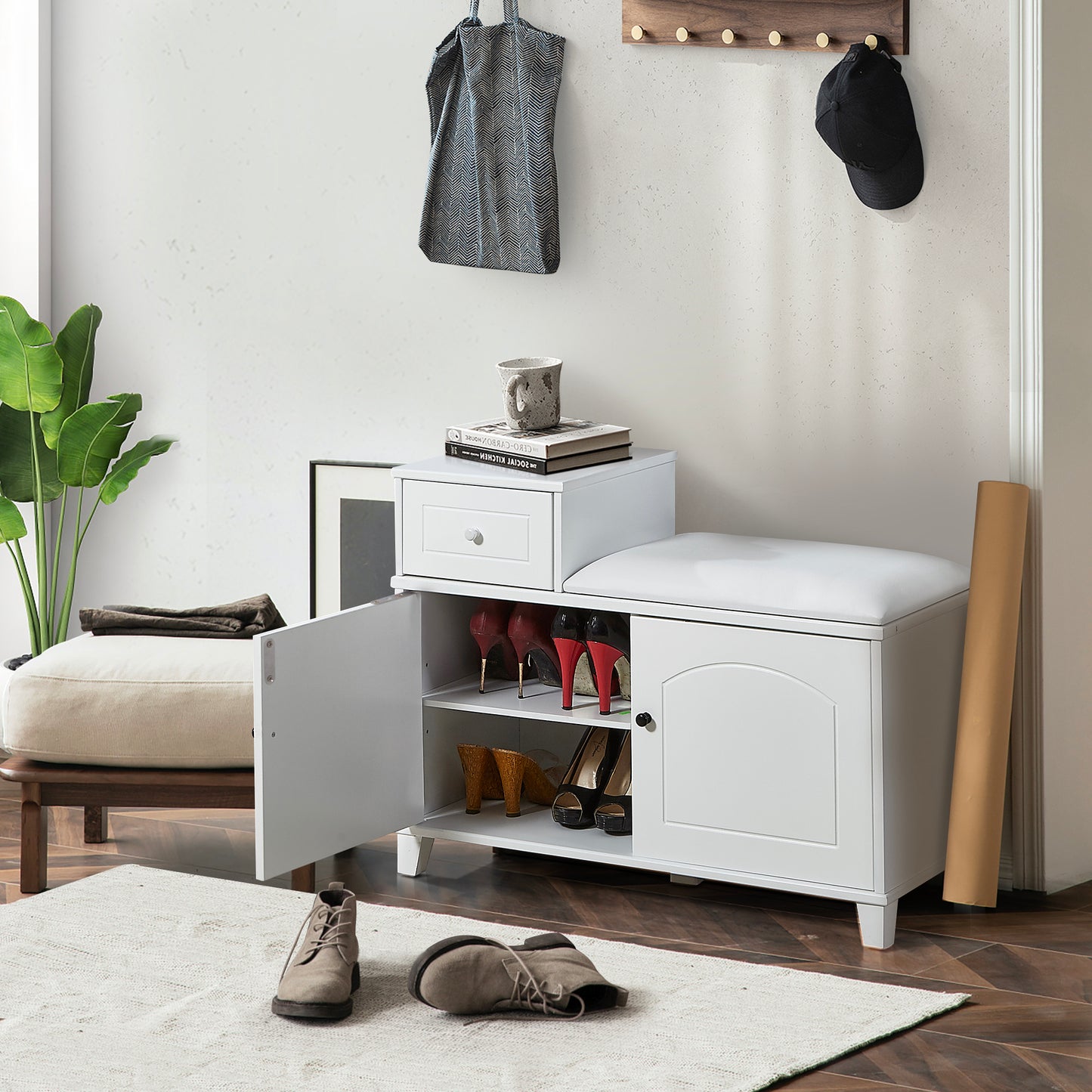 Banco de madera para almacenamiento de zapatos, mueble otomano con cajón, color blanco