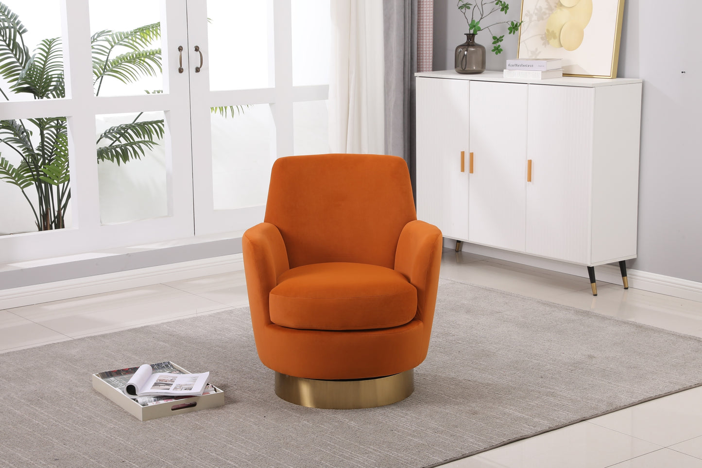 Velvet Swivel Barrel Chair, Swivel Accent Chairs Armchair for Living Room, Reading Chairs for Bedroom Comfy, Round Barrel Chairs with Gold Stainless Steel Base (Orange)