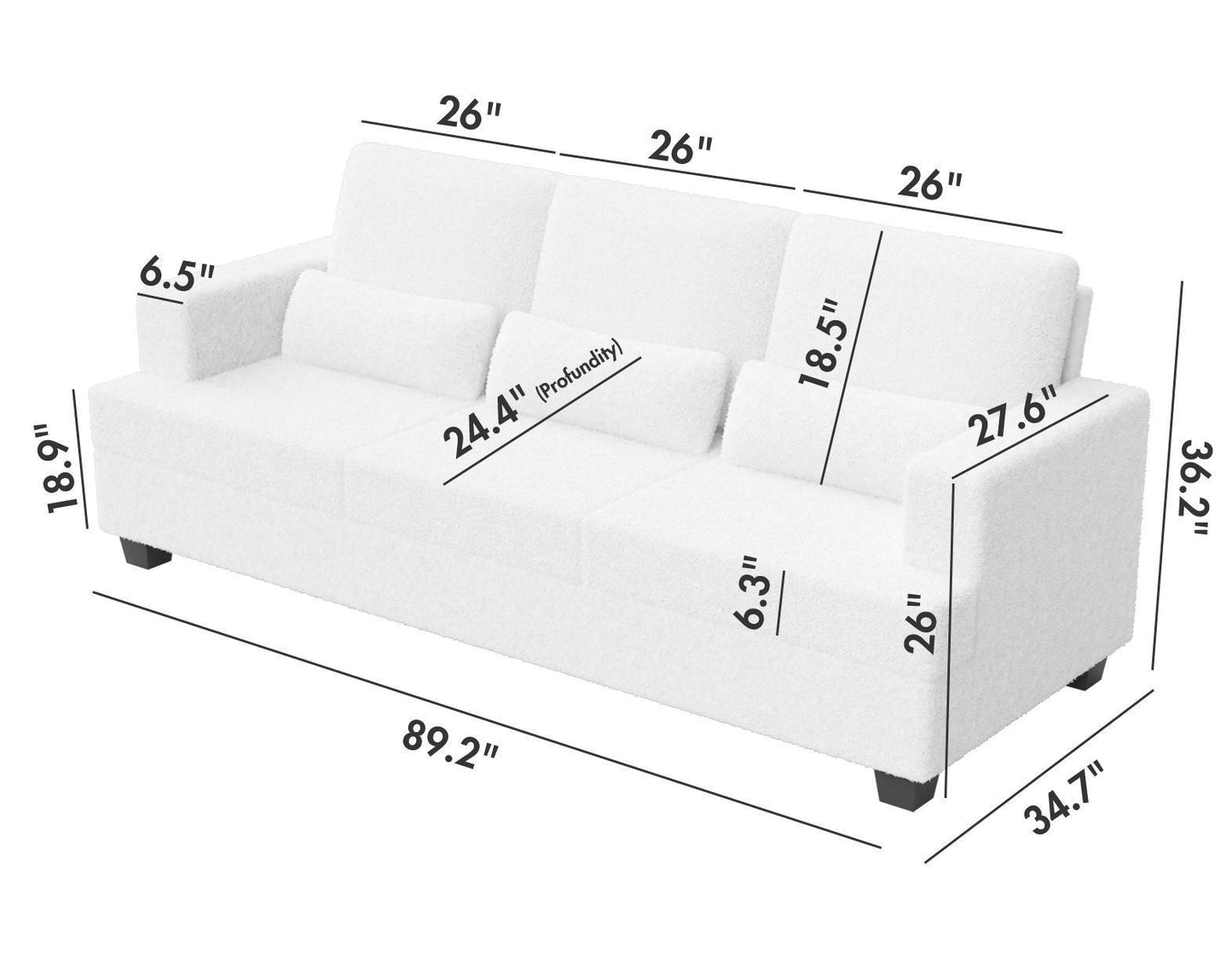 [VIDEO PROPORCIONADO] Sofás modernos de 88.4 pulgadas de largo para sala de estar, sofás y sillones con reposabrazos cuadrado, cojín de respaldo extraíble y 3 almohadas para la cintura (tela blanca y gris)