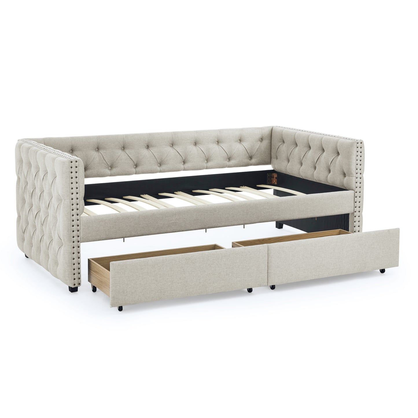 Upholstered Twin Size Daybed with Two Drawers, with Button and Copper Nail on Square Arms, Beige (82.75''x43''x30.75'')