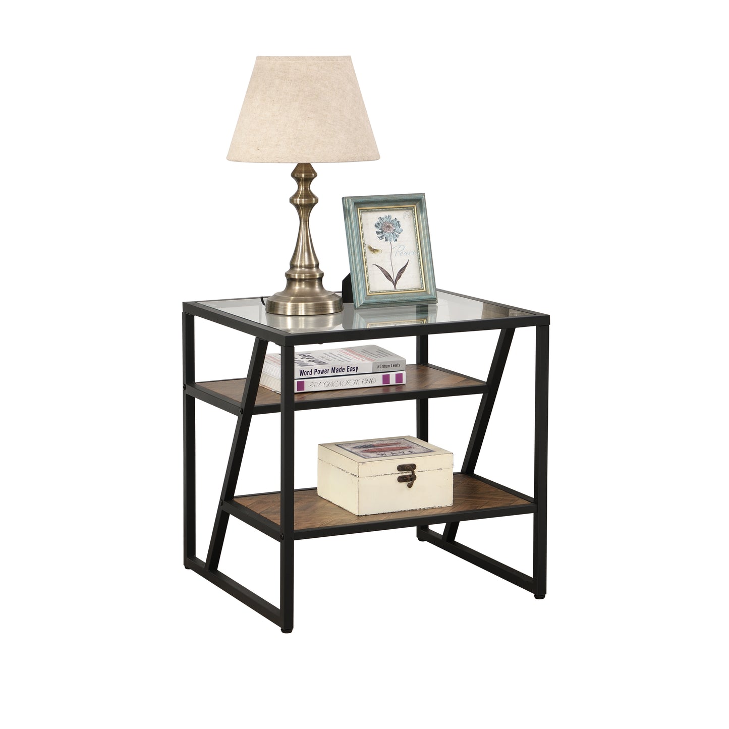 W82151004 Black Side Table, End Table with Storage Shelf, Tempered Glass Coffee Table with Metal Frame for Living Room&Bed Room