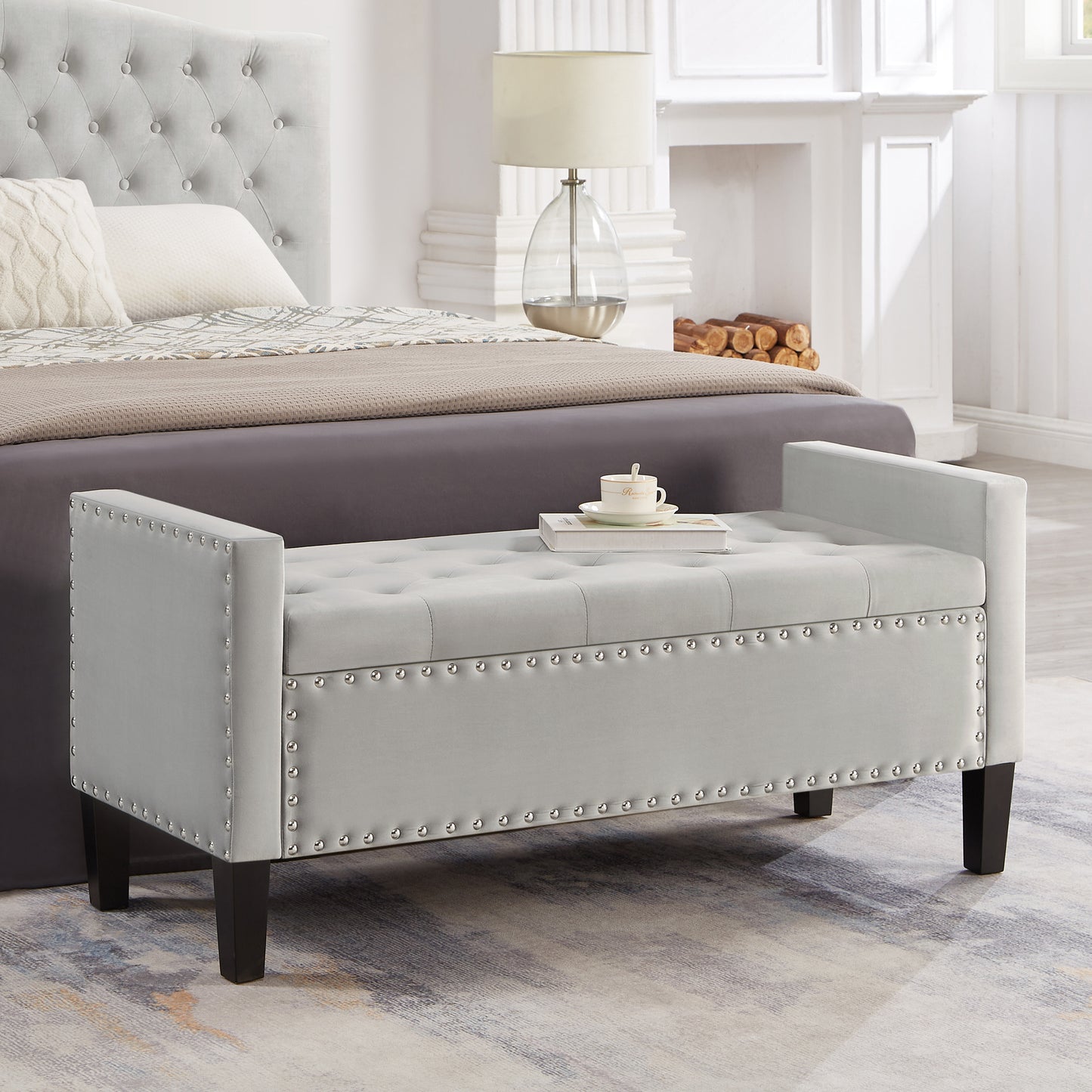 Upholstered Tufted Button Storage Bench with nails trim,Entryway Living Room Soft Padded Seat with Armrest,Bed Bench-Gray