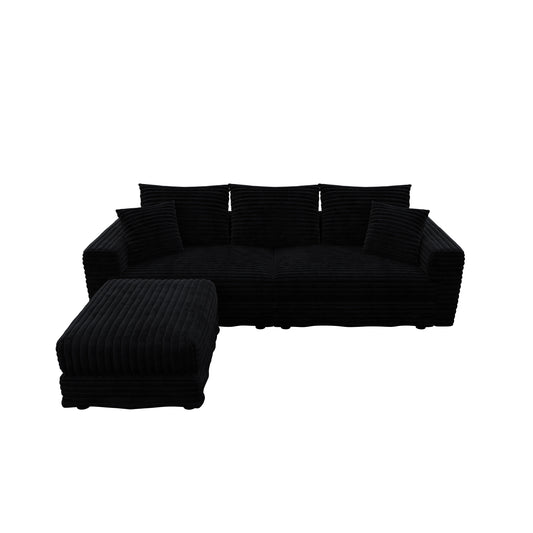 82.7 ' Plush Corduroy 3-Seat Sofa, Modern Comfy Upholstered Sofa Cloud Couch, Deep Seat Couches with Soft Pillows and 1 Ottomans, Convertible Sofa Lounge Chair, for Living Room,Apartment,Office,Black