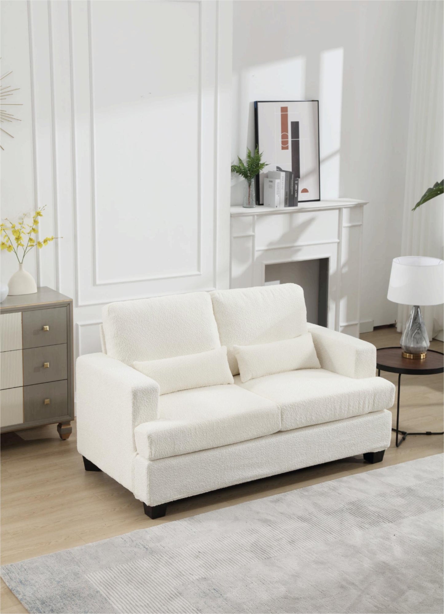 [VIDEO PROVIDED] 63" Length Modern Loveseat for Living Room, Sofas & couches with Square Armrest, Removable back Cushion and 2pcs waist pillow  (White&Gray Fabric)