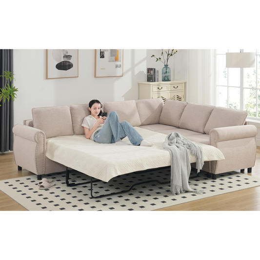 [NEW ARRIVED] [VIDEO PROVIDED] Sleeper Sofa, 2 in 1 Pull Out Couch Bed,6 seater sofa bed, L Shaped Sleeper Sectional Sofa Couch,Riveted sofa,104'' Large combined sofa Bed in living room, Beige