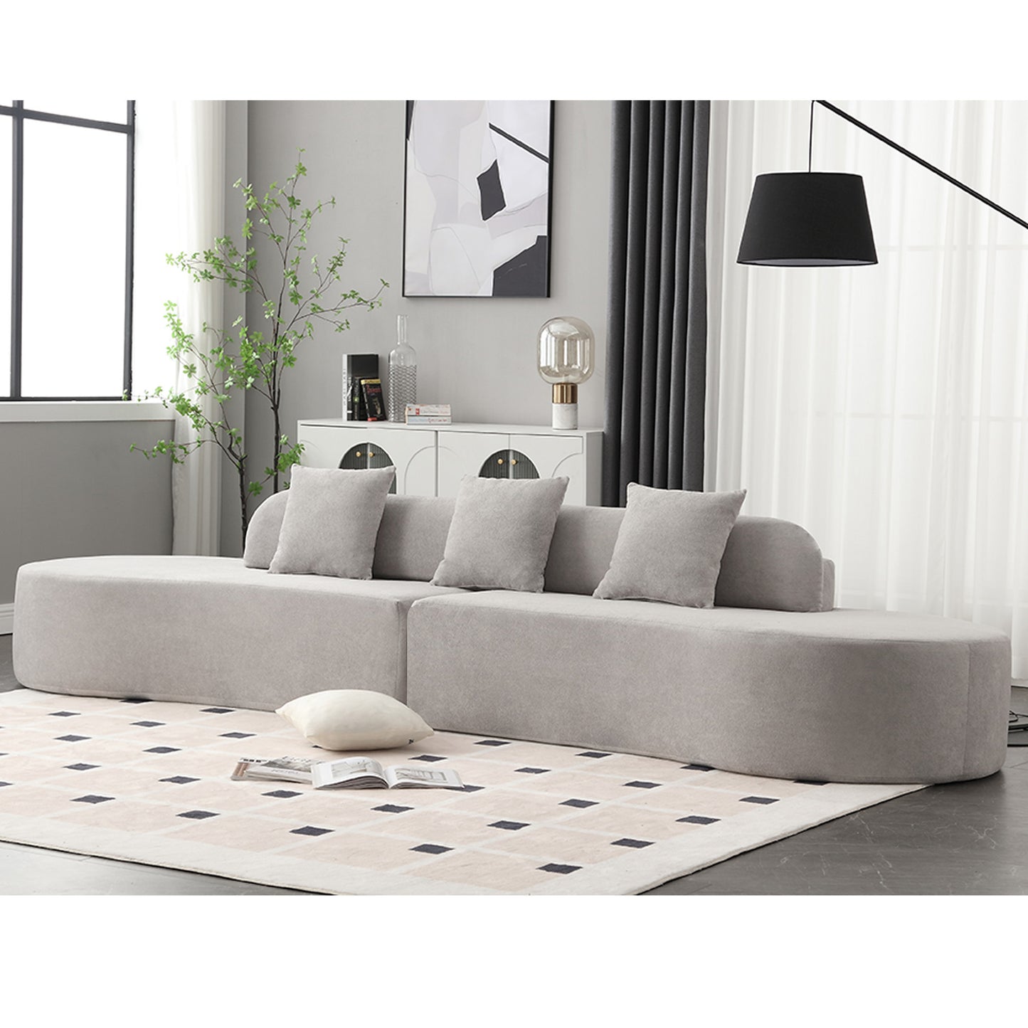 [NEW ARRIVED] [VIDEO PROVIDED] Modern curved combination sofa, terrycloth fabric sofa, minimalist sofa in living room, apartment, no assembly required, three  pillows,Gray