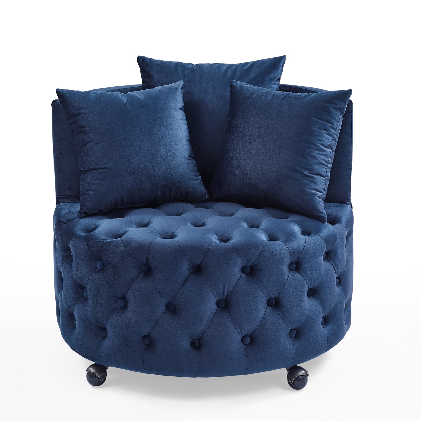 Silla giratoria tapizada en terciopelo para sala de estar, con diseño de botones y ruedas móviles, incluye 3 almohadas, azul