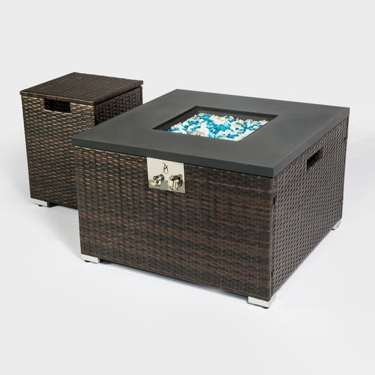 32' Propane Gas Fire Pit Table with Propane Tank Cover, 50000 BTU  Square Steel Fire Pit with Beautiful Wicker Base for Outside Patio Deck Garden Backyard-Black