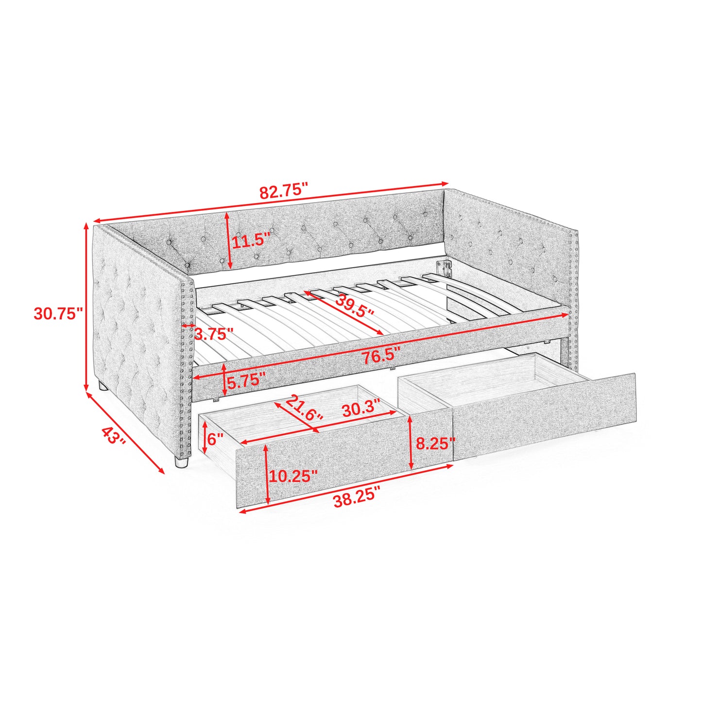 Upholstered Twin Size Daybed with Two Drawers, with Button and Copper Nail on Square Arms, Grey (82.75''x43''x30.75'')