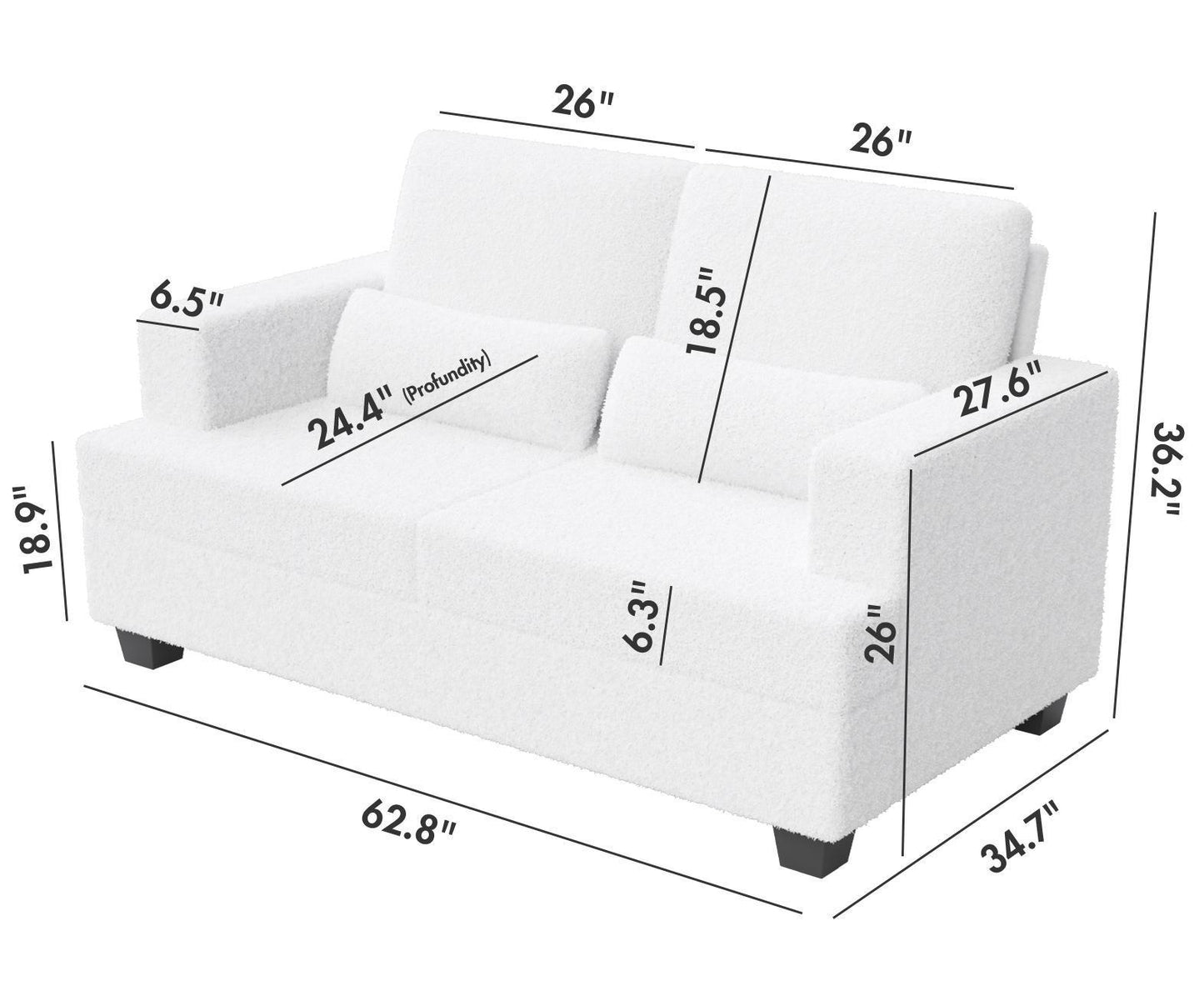 [VIDEO PROVIDED] 63" Length Modern Loveseat for Living Room, Sofas & couches with Square Armrest, Removable back Cushion and 2pcs waist pillow  (White&Gray Fabric)