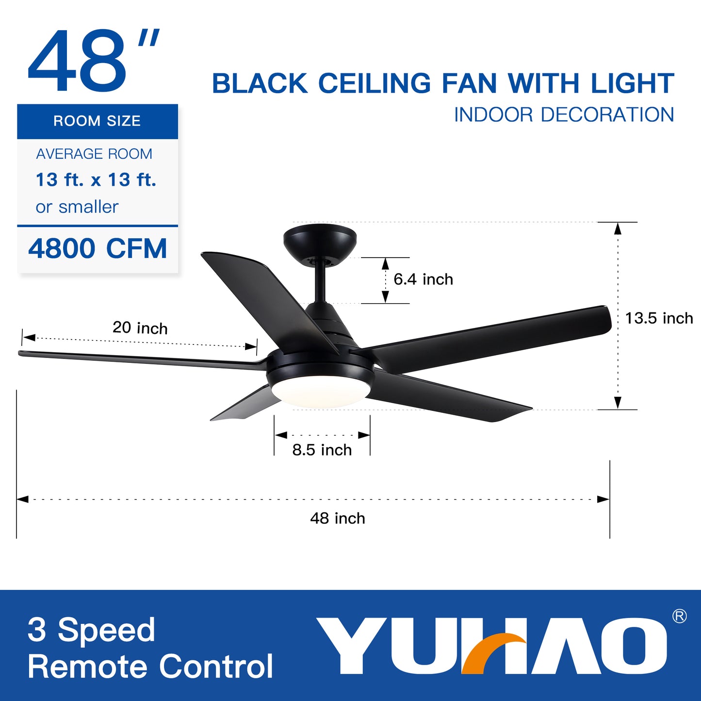 YUHAO 48 In Intergrated LED Ceiling Fan Lighting with Black ABS Blade