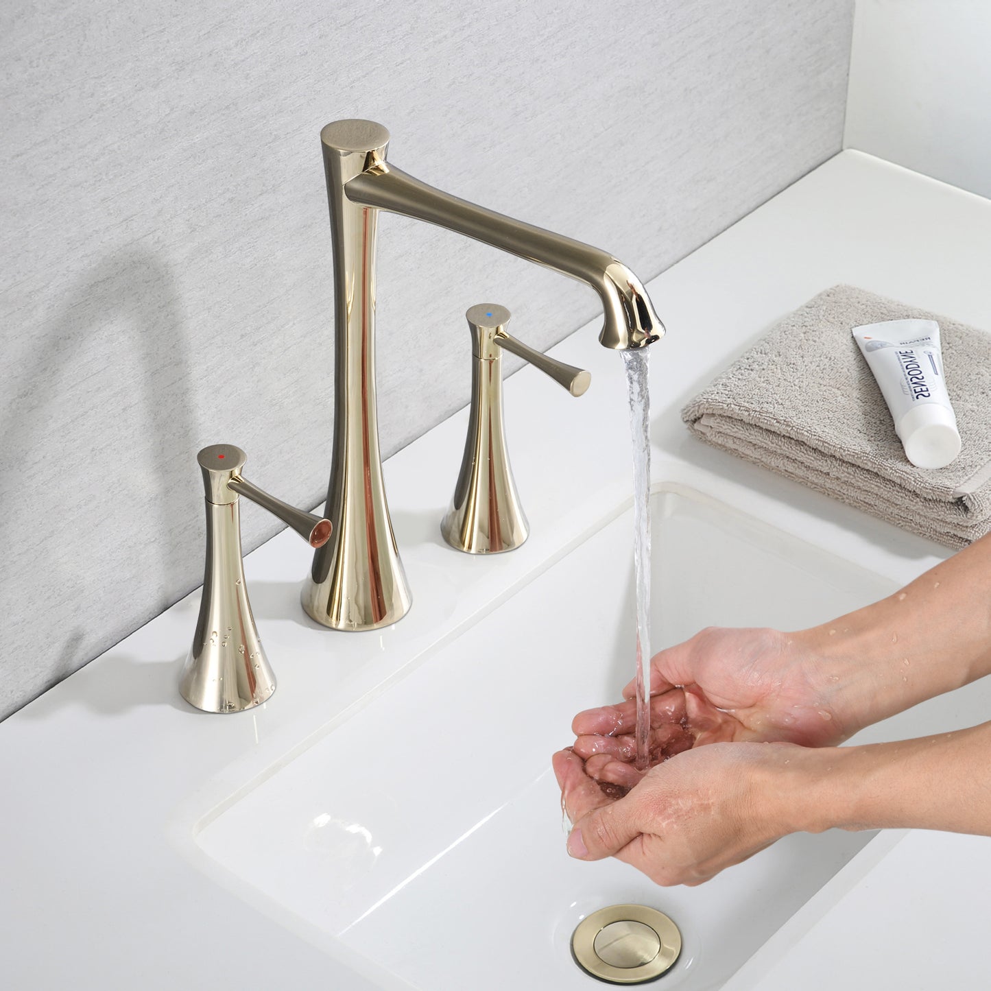 Widespread 2 Handles Bathroom Faucet with  Drain  Assembly, Gold