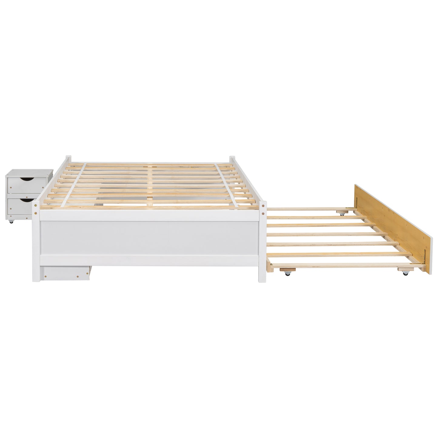 Cama completa versátil con nido, caja de almacenamiento debajo de la cama y mesita de noche. Blanco