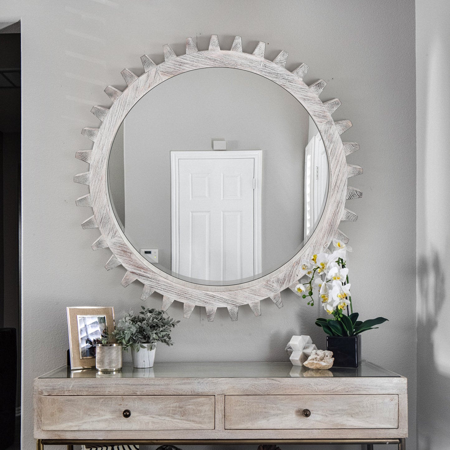 Vintage 42'' x 42'' Wood Round Hanging Gear Shape Heavy Decorative Mirror For Bathroom Living Room Entryway Or Put Together  To Your Liking.(Antique White Washed)