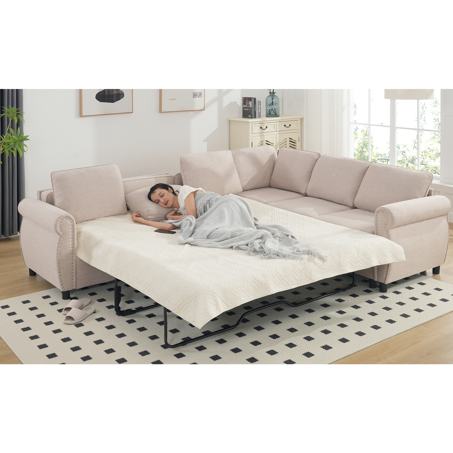 [NEW ARRIVED] [VIDEO PROVIDED] Sleeper Sofa, 2 in 1 Pull Out Couch Bed,6 seater sofa bed, L Shaped Sleeper Sectional Sofa Couch,Riveted sofa,104'' Large combined sofa Bed in living room, Beige