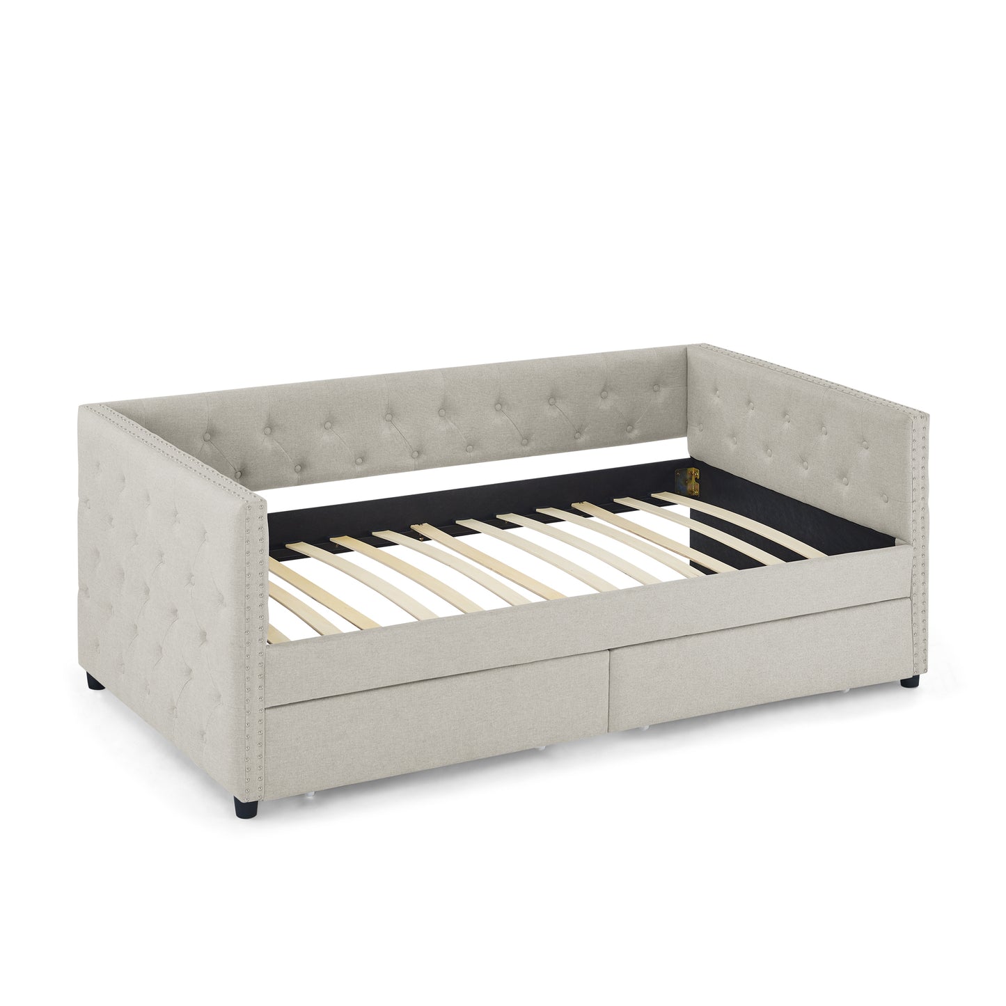 Sofá cama doble tapizado con dos cajones, con botón y clavo de cobre en brazos cuadrados, beige (82.75''x43''x30.75'')