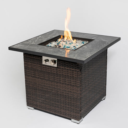 Espresso Square 30' Propane Gas Fire Pit Table with Tile Top and Wicker Base for Outdoor Patio