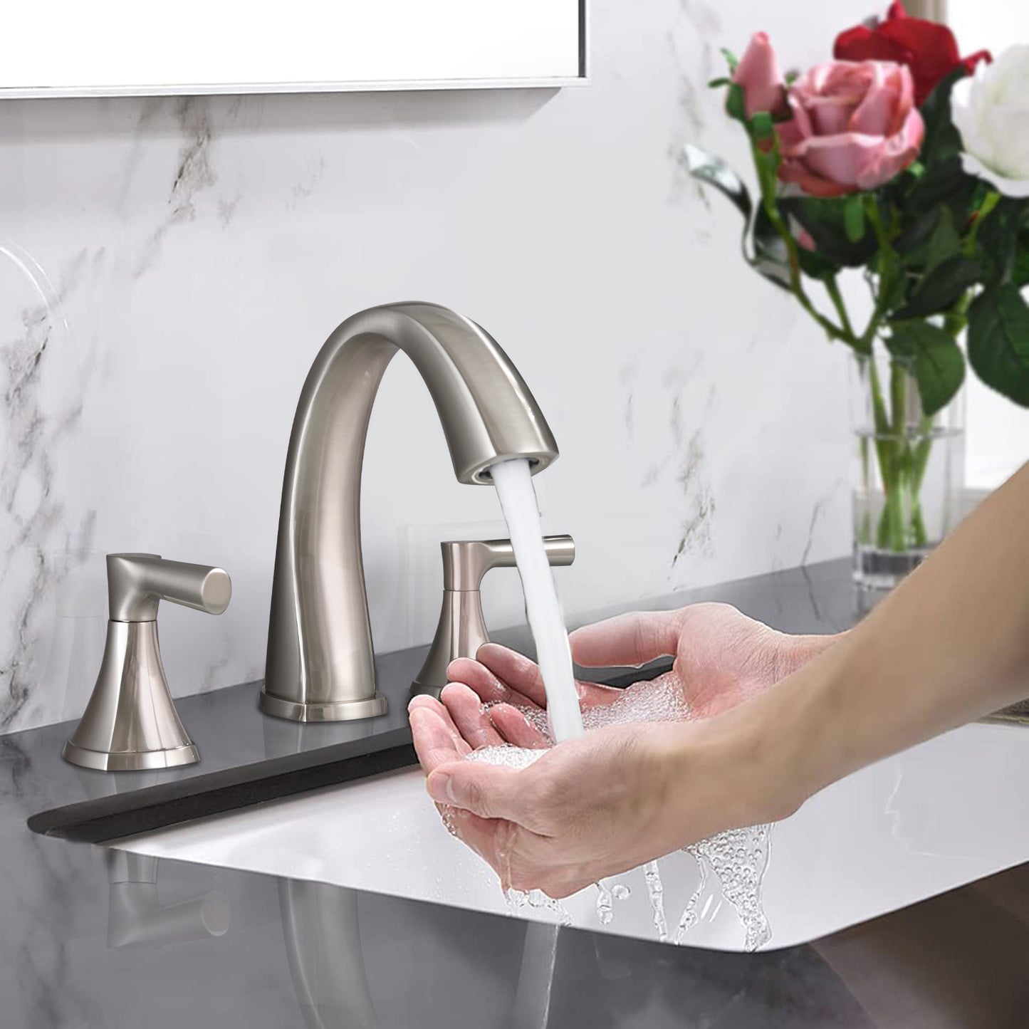 Grifos de lavabo de baño generalizados, grifo de baño de tocador con dos manijas y 3 orificios con conjunto de drenaje (níquel cepillado)