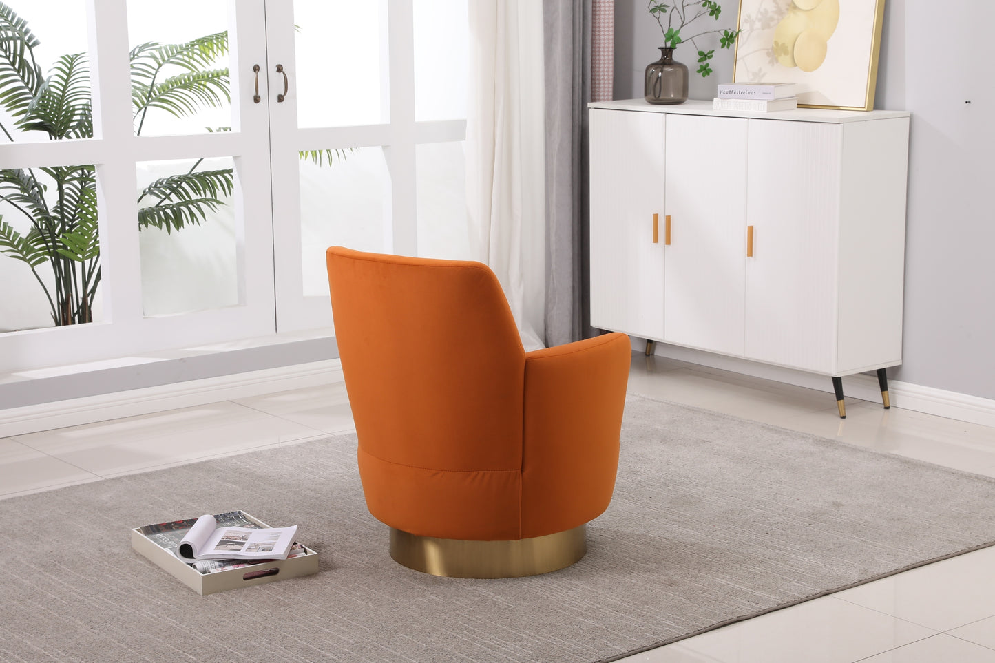 Velvet Swivel Barrel Chair, Swivel Accent Chairs Armchair for Living Room, Reading Chairs for Bedroom Comfy, Round Barrel Chairs with Gold Stainless Steel Base (Orange)