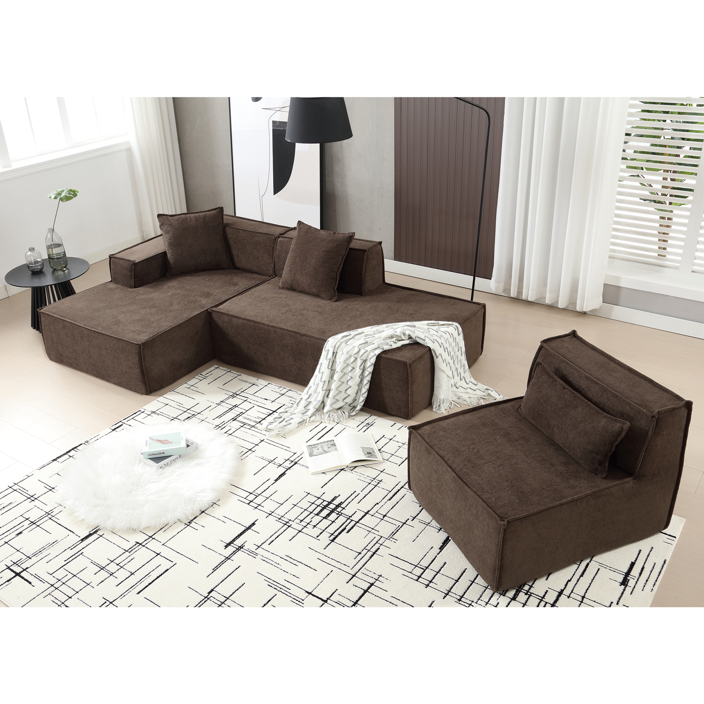 [VIDEO PROVIDED] Modular combination living room sofa set, modern minimalist sofa, free installation sofa, L-shaped, Italian minimalist tofu block sofa, Left-Hand Facing,Dark brown