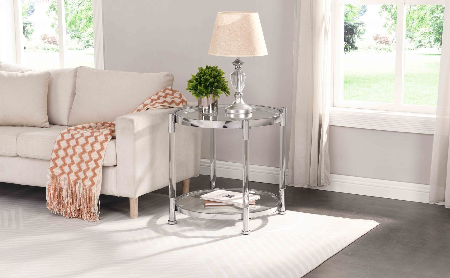 W82153571  Contemporary Acrylic End Table, Side Table with Tempered Glass Top, Chrome/Silver End Table for Living Room&Bedroom