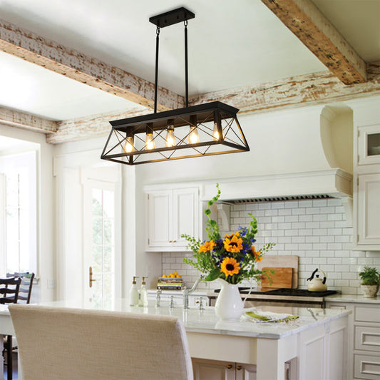 32-inch Black Industrial 5-Light Pendant Chandelier, Modern Metal Cage Design, Adjustable Hanging Light for Dining Room, Kitchen, Living Room (Bulb Not Included)