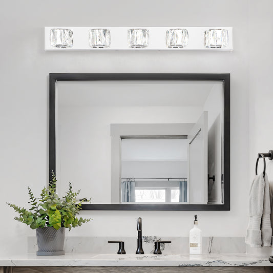 35' Modern Crystal 5-Light LED Wall Sconce – Elegant Chrome Bathroom Vanity Light with Clear Crystal Shades for Bathroom, Bedroom, or Hallway