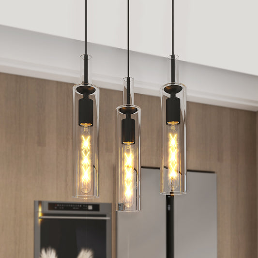 3 Pack Black Pendant Lights Kitchen Island (No Bulbs), Adjustable Modern Glass Pendant Light Over Island, Industrial Pendant Light Fixtures for Dining Room Hallway Bedroom Living Room