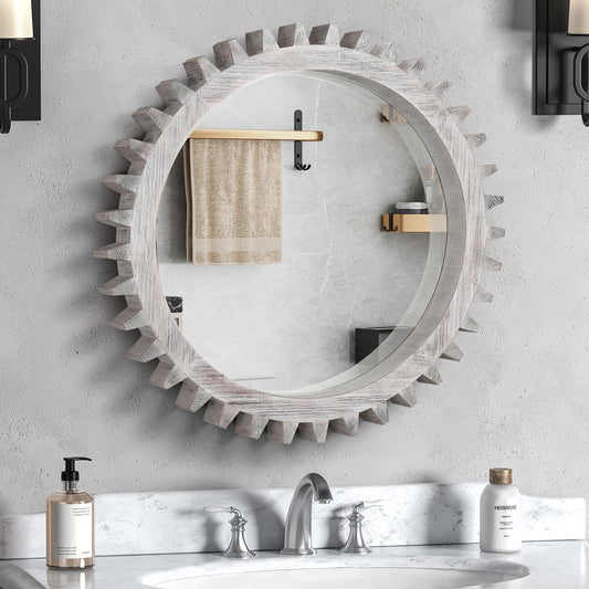 Vintage 42'' x 42'' Wood Round Hanging Gear Shape Heavy Decorative Mirror For Bathroom Living Room Entryway Or Put Together  To Your Liking.(Antique White Washed)