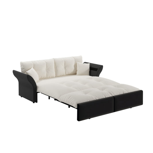 74.8 ' Queen Pull Out Sofa Bed, 3-in-1 Convertible Sleeper Tufted Sofa with 2 Soft Pillows, Multi-Functional Velvet Loveseat Bed, Beige