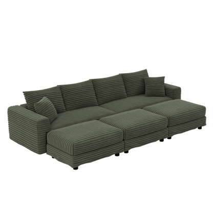 104.3 ' Plush Corduroy 4-Seat Sofa, Modern Comfy Upholstered Sofa Cloud Couch, Deep Seat Couches with Soft Pillows and 3 Ottomans, Convertible Sofa Lounge Chair, for Living Room,Apartment,Office,Green
