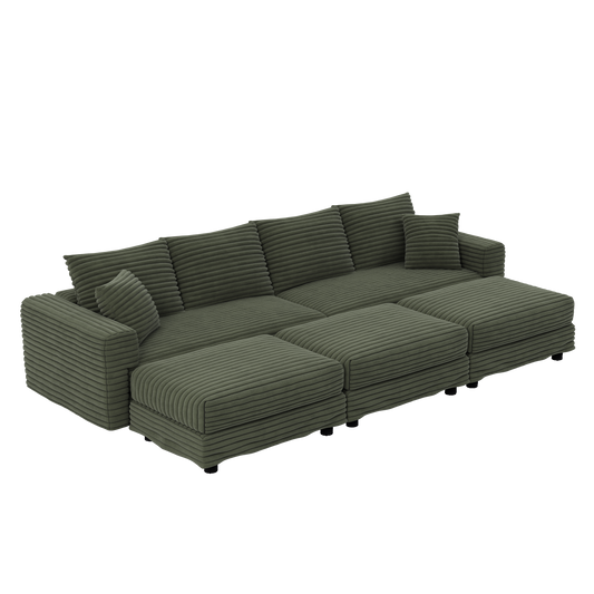 104.3 ' Plush Corduroy 4-Seat Sofa, Modern Comfy Upholstered Sofa Cloud Couch, Deep Seat Couches with Soft Pillows and 3 Ottomans, Convertible Sofa Lounge Chair, for Living Room,Apartment,Office,Green