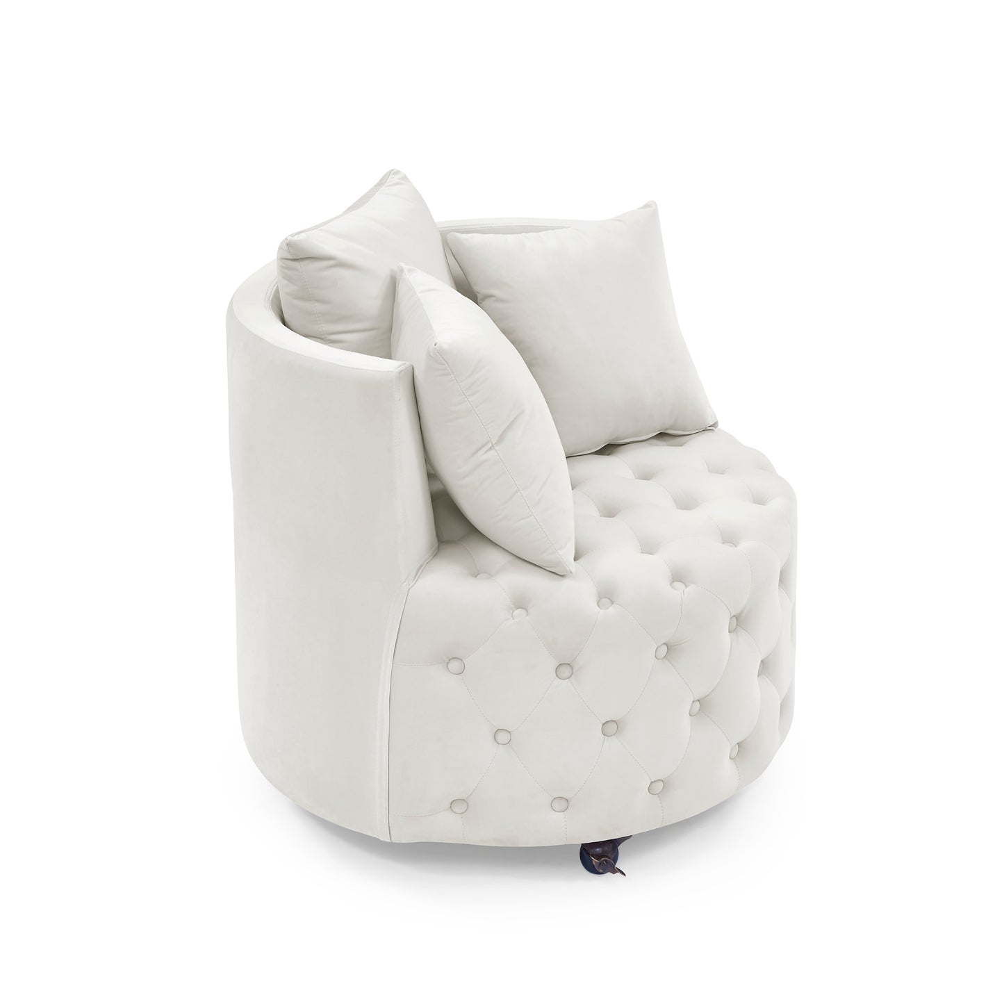 Silla giratoria tapizada en terciopelo para sala de estar, con diseño de botones y ruedas móviles, incluye 3 almohadas, color beige