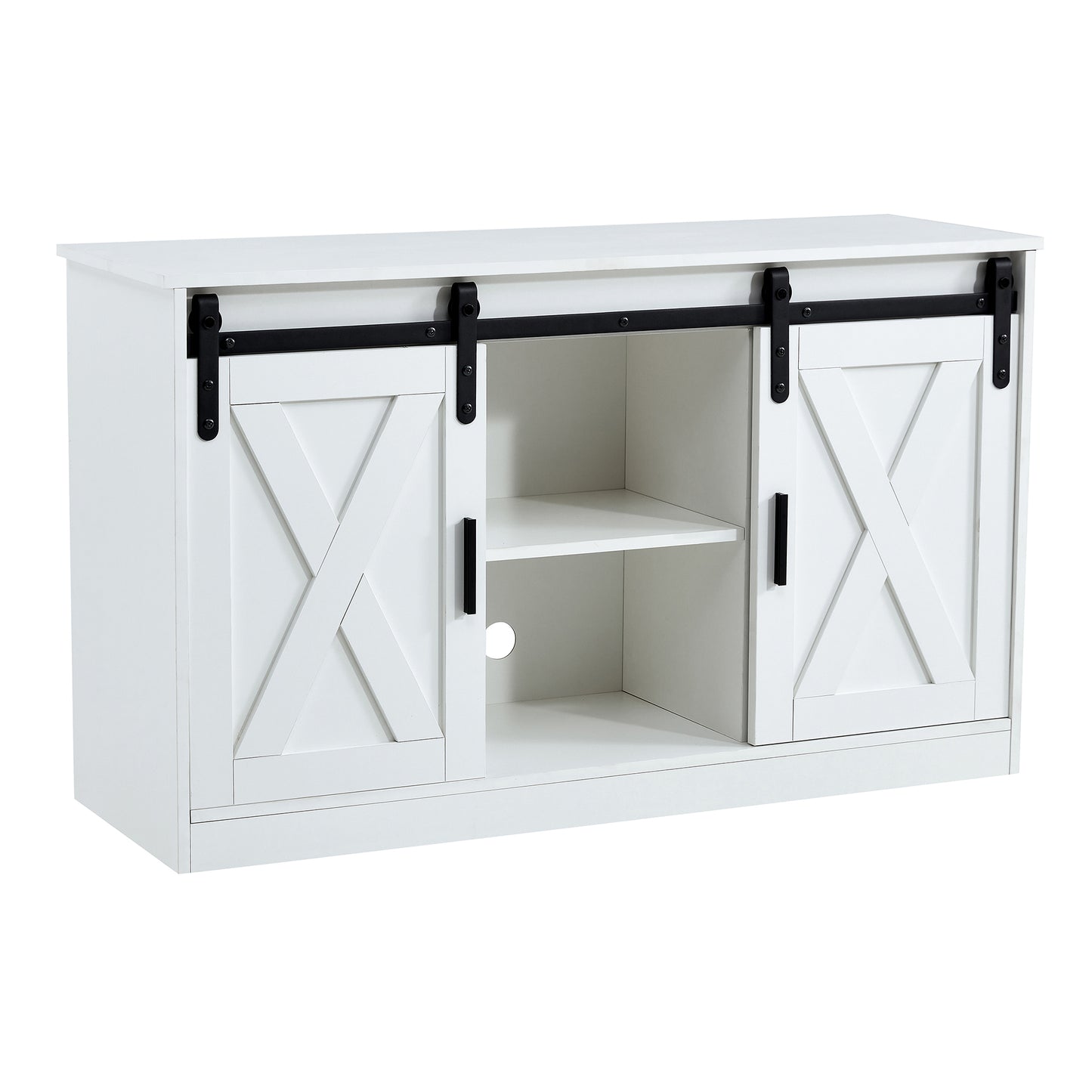 Mueble de almacenamiento/TV decorativo de madera blanca con dos puertas corredizas de granero, disponible para dormitorio, sala de estar y pasillo.