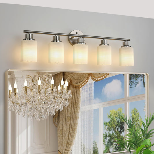 31' Modern 5-Light Vanity Wall Sconce, Brushed Nickel Finish with Frosted Glass Shades for Bathroom or Hallway Lighting (No Bulbs)