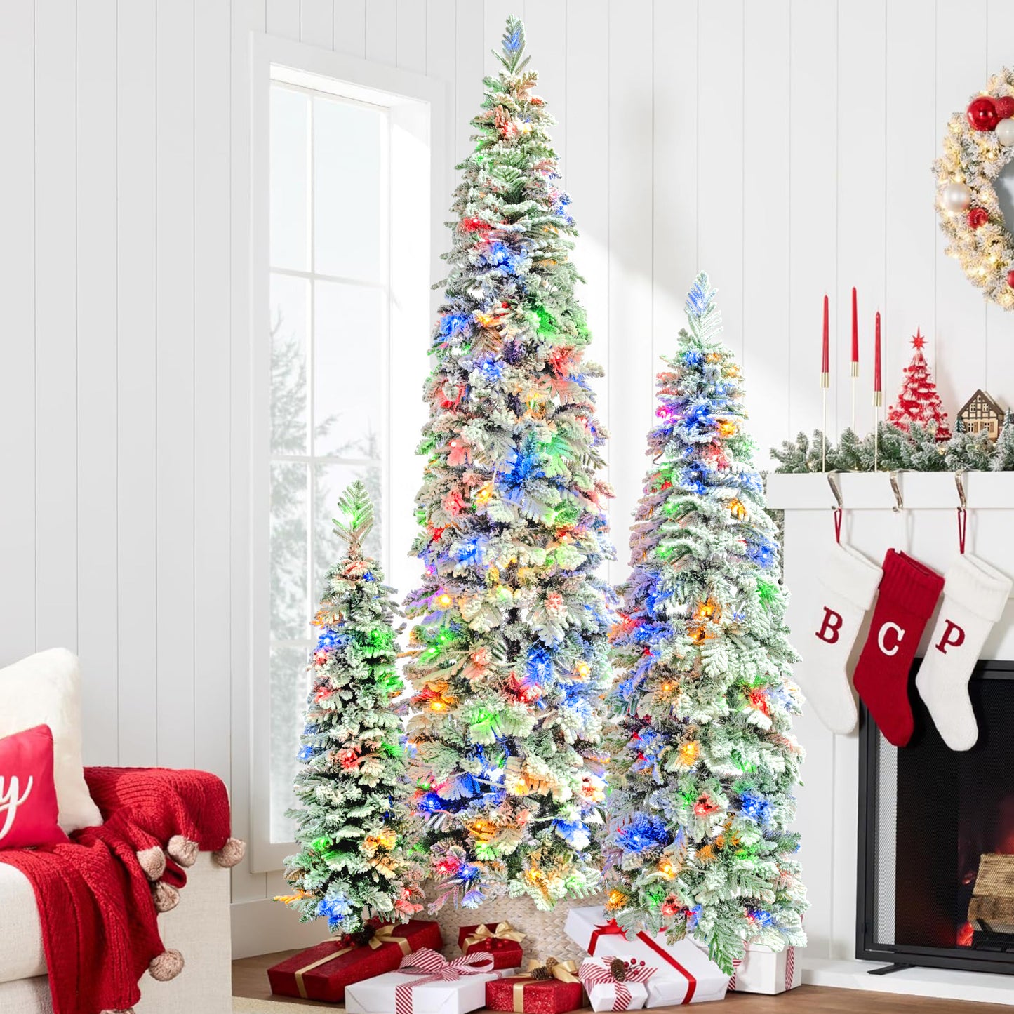 8FT, 6FT, 4FT Pre-Lit Pencil Christmas Trees, Set of 3 Flocked Fir Slim Christmas Trees, Xmas Holiday Decoration Tree, 1370 PE Branch Tips, 290 LED Lights with 11 Lighting Modes