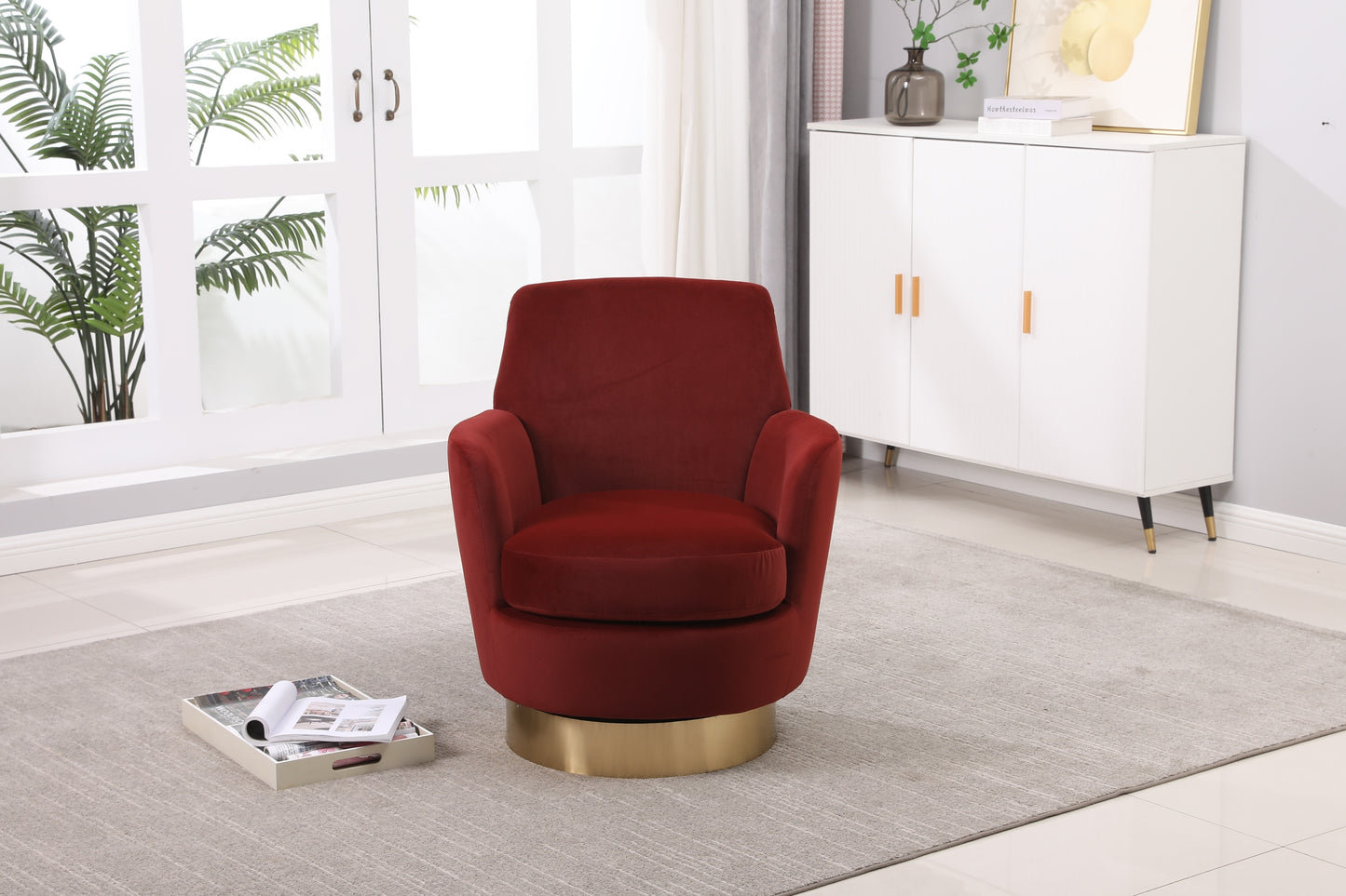 Velvet Swivel Barrel Chair, Swivel Accent Chairs Armchair for Living Room, Reading Chairs for Bedroom Comfy, Round Barrel Chairs with Gold Stainless Steel Base (Brownish red)