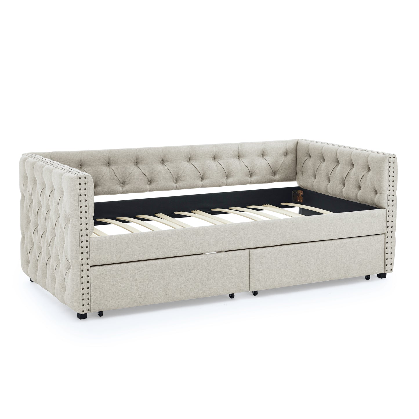 Upholstered Twin Size Daybed with Two Drawers, with Button and Copper Nail on Square Arms, Beige (82.75''x43''x30.75'')