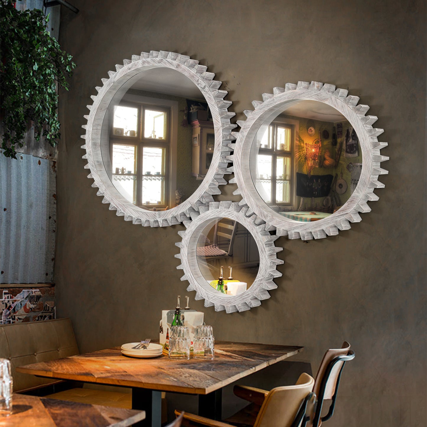 Vintage 42'' x 42'' Wood Round Hanging Gear Shape Heavy Decorative Mirror For Bathroom Living Room Entryway Or Put Together  To Your Liking.(Antique White Washed)